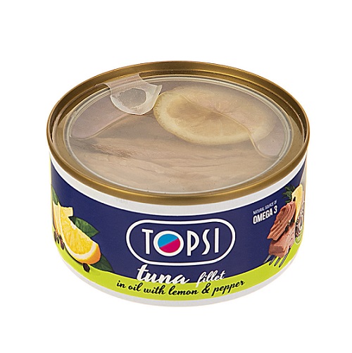 کنسرو ماهی فیله تن با طعم لیمو و فلفل درب شفاف تاپسی - 180 گرم
